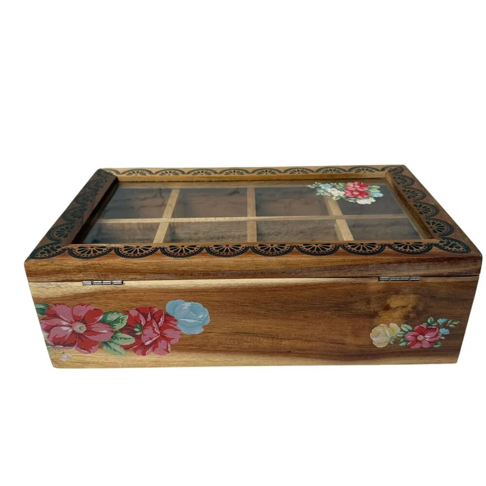 THE PIONEER WOMAN Wooden Tea Box Organizer Country Vintage Floral 8 Compartments - Picture 8 of 16